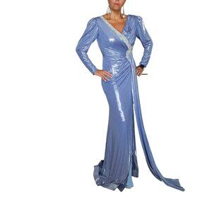Metallic Blue Long Sleeve Gown with Rhinestone Detailing Formal Dress Size S